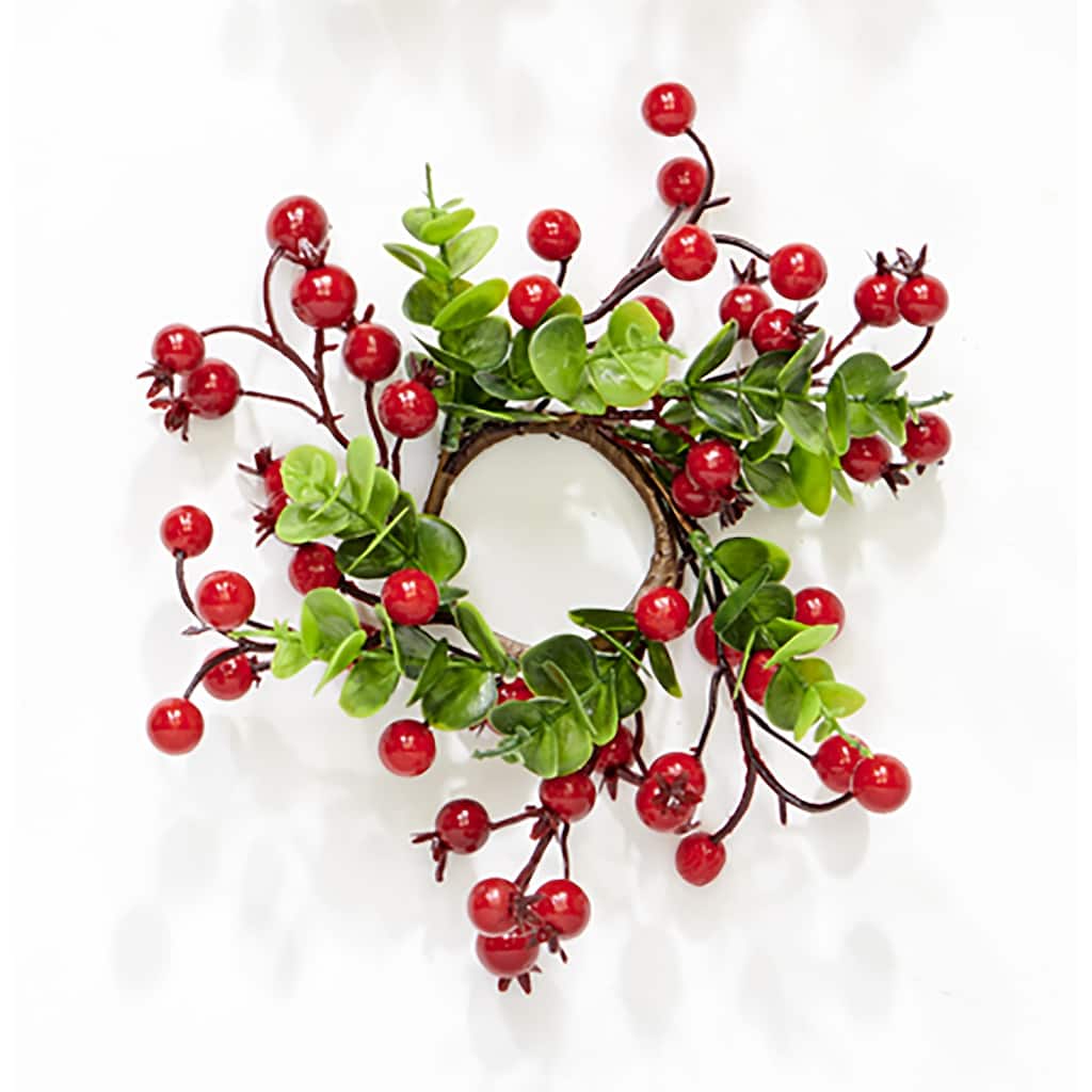 2.25" Inner Diameter Artificial Christmas Red Berries & Eucalyptus Leaves Candle Ring, Set of 6 - 2.25