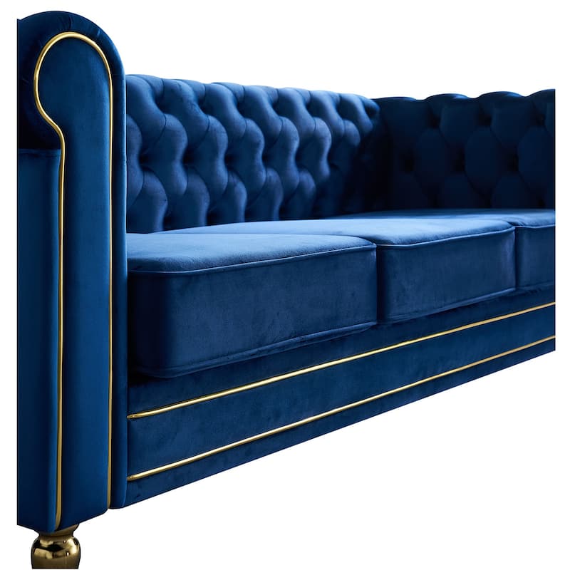 Rolled Arm Chesterfield Velvet Sofa - 84.65" High-Density Foam, Electroplated Legs - Elegant Living Room Accent