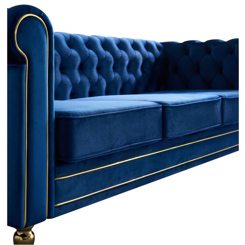 Velvet Chesterfield Sofa, 3-Seater with Rolled Arms, Tufted Back, Metal Legs for Living Room