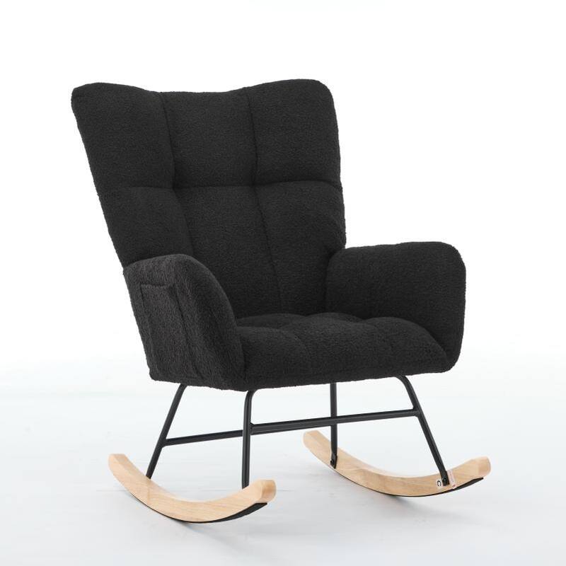 Teddy Fabric Rocking Chair with Solid Wood Legs and High Backrest