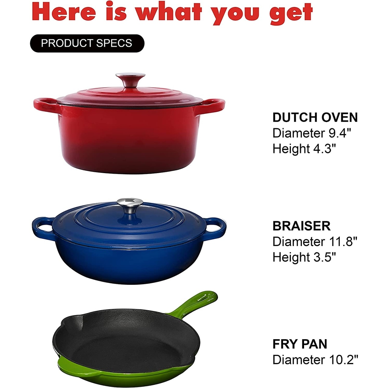 Enameled Cast Iron Cookware Set - 5 Pieces Solid Colored Braiser