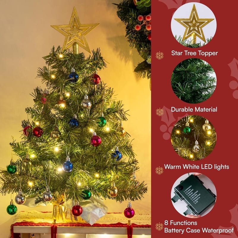 24"/2FT Small Christmas Tree with Lights, Pre-lit Artificial Xmas Tree Green LED Mini Tree for Christmas Decorations