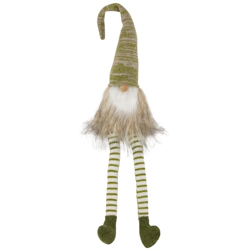 29" Green and Beige Sitting Gnome with Knitted Hat and Dangling Legs Christmas Figure