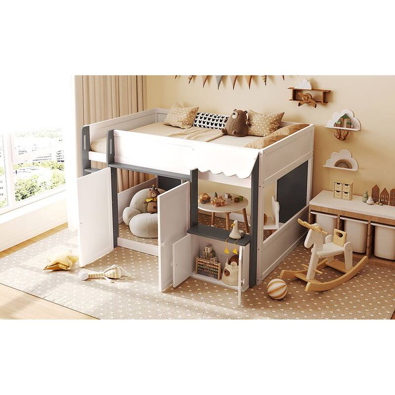 Roomfitters Full Loft House Bed with Playhouse and Storage Cabinets, Modern Wood Cabin Sleeper