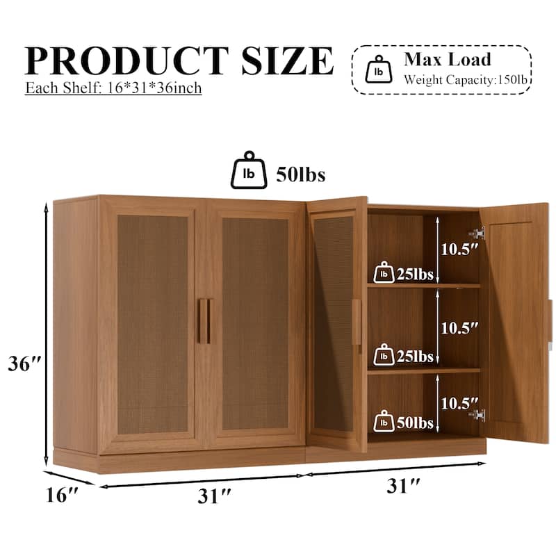 Dovelina Sideboard Buffet Storage Cabinets with Adjustable Shelves,Rattan Door - 72"Lx31"H