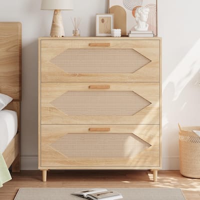 3 Drawer Rattan Dresser for Bedroom, Modern Wood Chest of Drawers with Rattan Accents