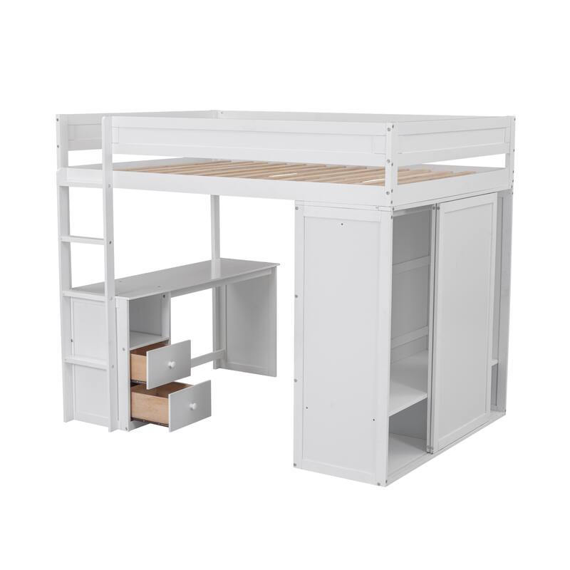 Full Size Loft Bed with Sliding Doors Wardrobe with All-in-One Drawers Desk, Wood Loft Bed with Ladder and Guardrail - White