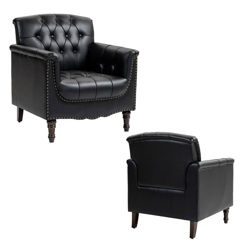 Set of 2 Tufted Vegan Leather Armchairs with Nailhead Trim and Wood Frame