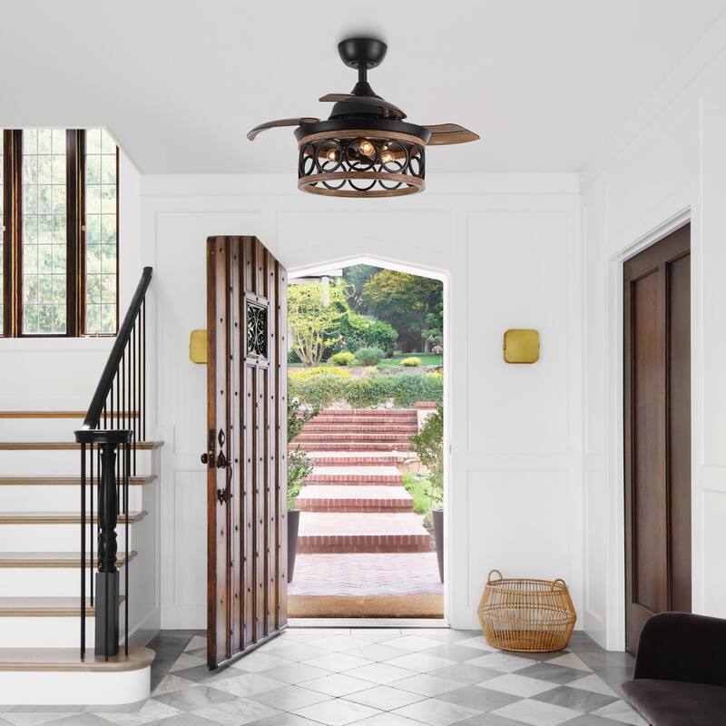 36" Industrial Retractable 3-blade Ceiling Fan Chandelier with Wall Switch