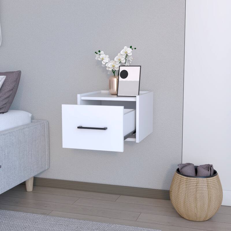 Wall-Mounted Nightstand with Roomy Drawer, White