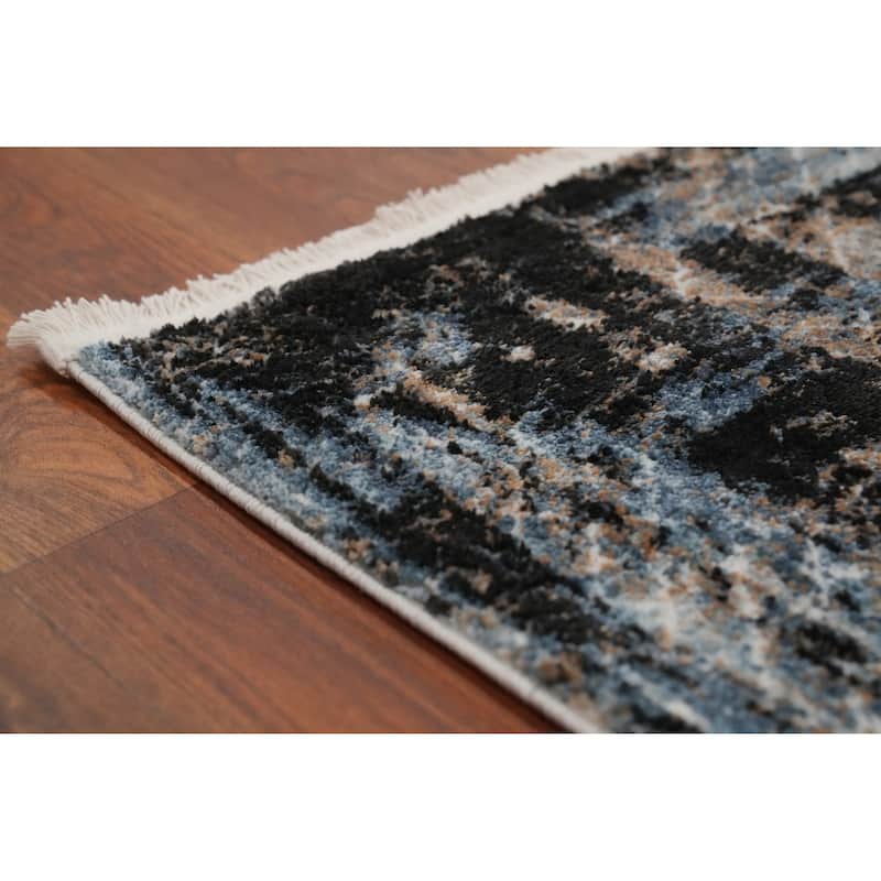Machine Made Oriental Polyester Carpet Geometric Greys & Charcoal Distressed Area Rug - 7' 5'' X 5' 2''