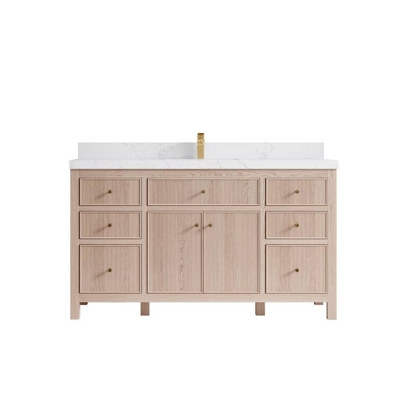 Willow Collections 60 x 22 Sonoma White Oak Wood Single Sink Bathroom Vanity with Quartz or Marble Countertop - 2"Empira White - White Oak