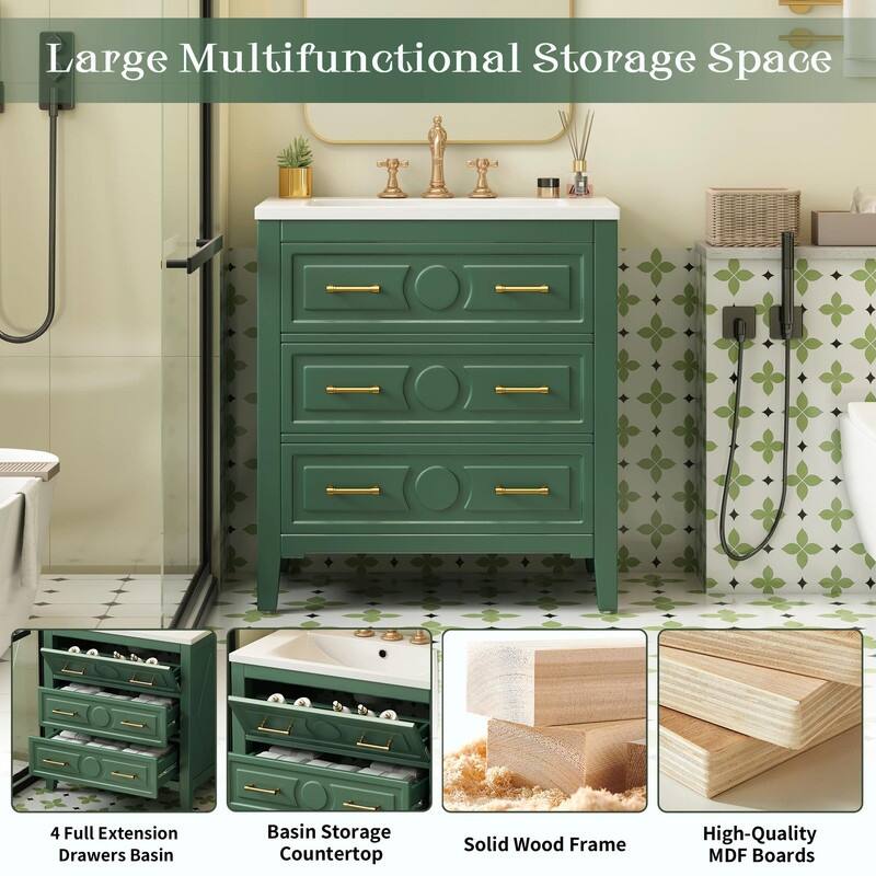 30'' Free Standing Bathroom Vanity Set with Ceramic Sink, 3 Drawers & Solid Wood Frame