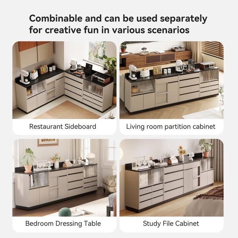 Modern 6-Drawer Storage Cabinet with Wavy Design and Black Wood-Grain Desktop