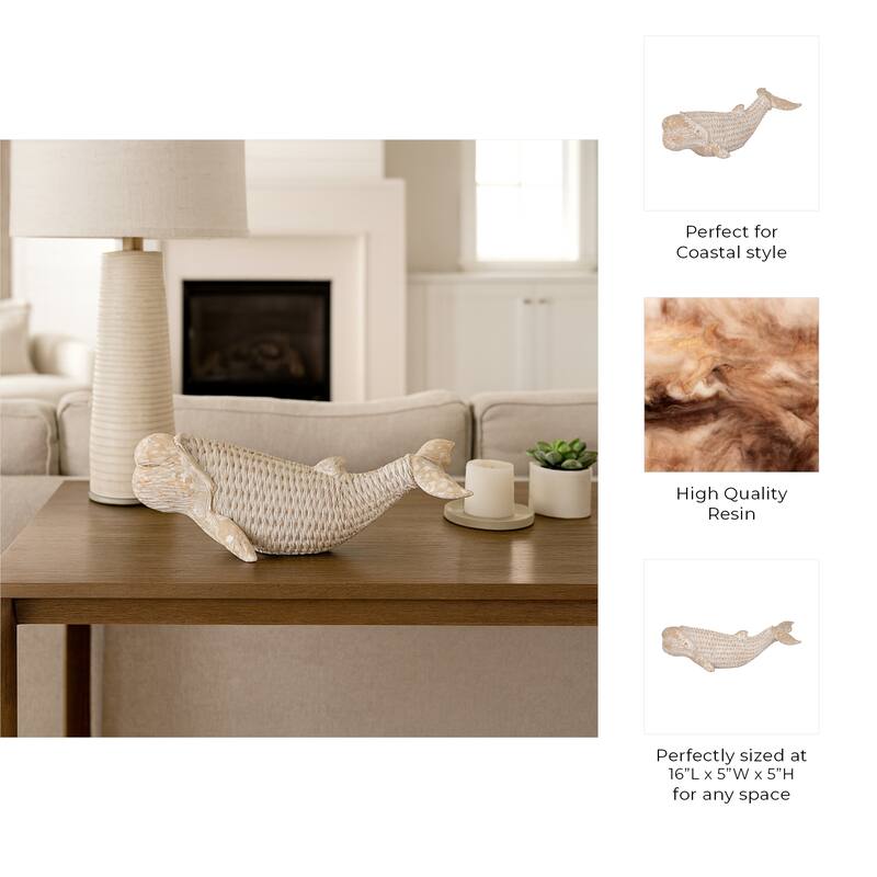 Modern Resin Whale Figurine Sculpture - 16", White & Brown - 16.0"