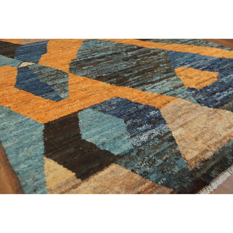 Abstract Geometric Moroccan Oriental Area Rug Hand-Knotted Wool Carpet - 5'5" x 7'9" - 5'5" x 7'9" - Blue