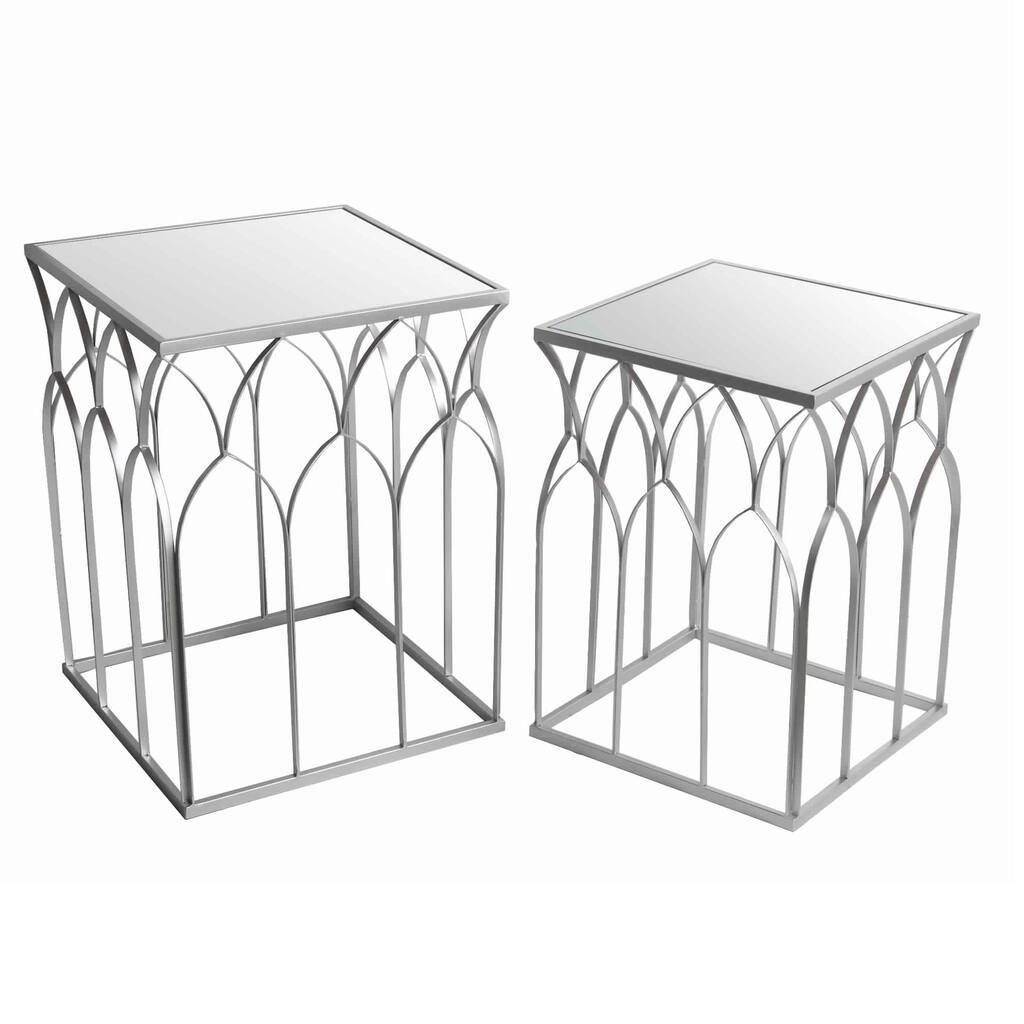 Square Mirror Top Metal Accent Table with Arched Body, Set of 2, Silver