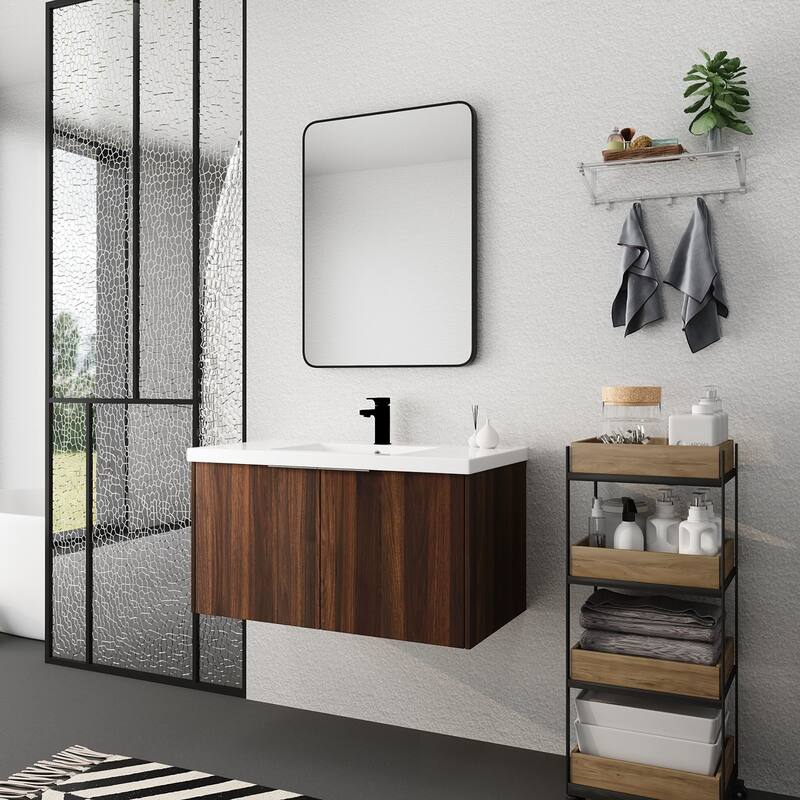 Wood Wall-Mounted Bathroom Vanity Set with Integrated Resin Sink