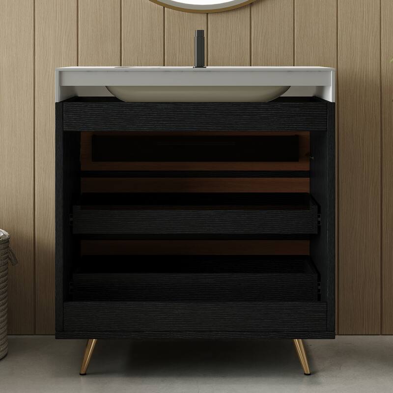 GDFStudio - Athens Modern 29.9" Freestanding Bathroom Vanity with Sintered Stone Top, Ceramic Vessel Sink & Stainless Steel Legs