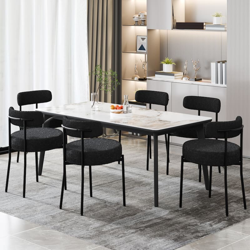 XINMICS Upholstered Boucle Dining Chairs with Black Metal Legs - Set of 6 - Black