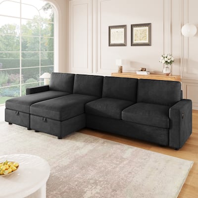 103.9" Convertible U-shaped Sofa with 2 Storage Chaise Lounges, 4 USB Ports, Black Polyester