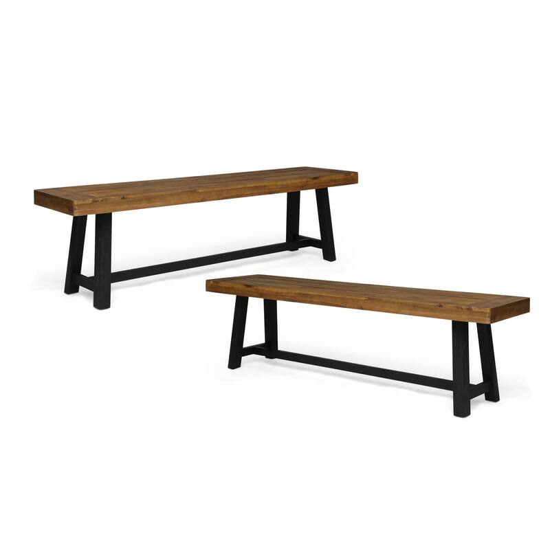 Roomfitters Outdoor Acacia Wood Dining Benches with H-Stretcher Base, Rustic Farmhouse, Set of 2