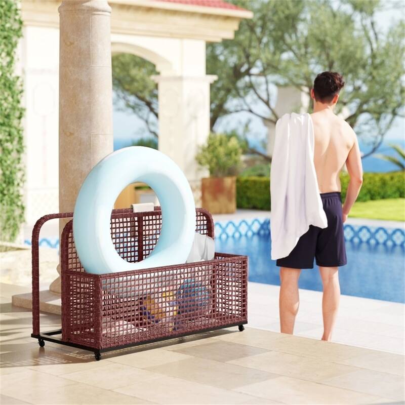 Brown PE Rattan Outdoor Pool Float Storage Organizer Cart with Wheels and Three Sections - 43.25" L x 36.8" W x 29.5" H