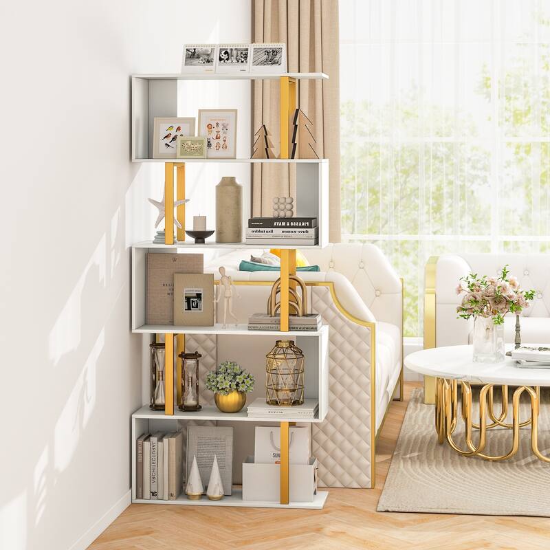 Gymax 2 PCS 5-Tier Geometric Bookcase 62-Inch S-Shaped Bookshelf w/