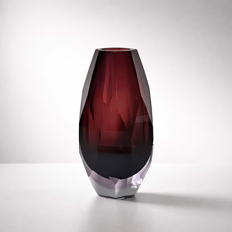 Elegant Plum Cut Glass Vase with Faceted Base Modern Decor Accent Art