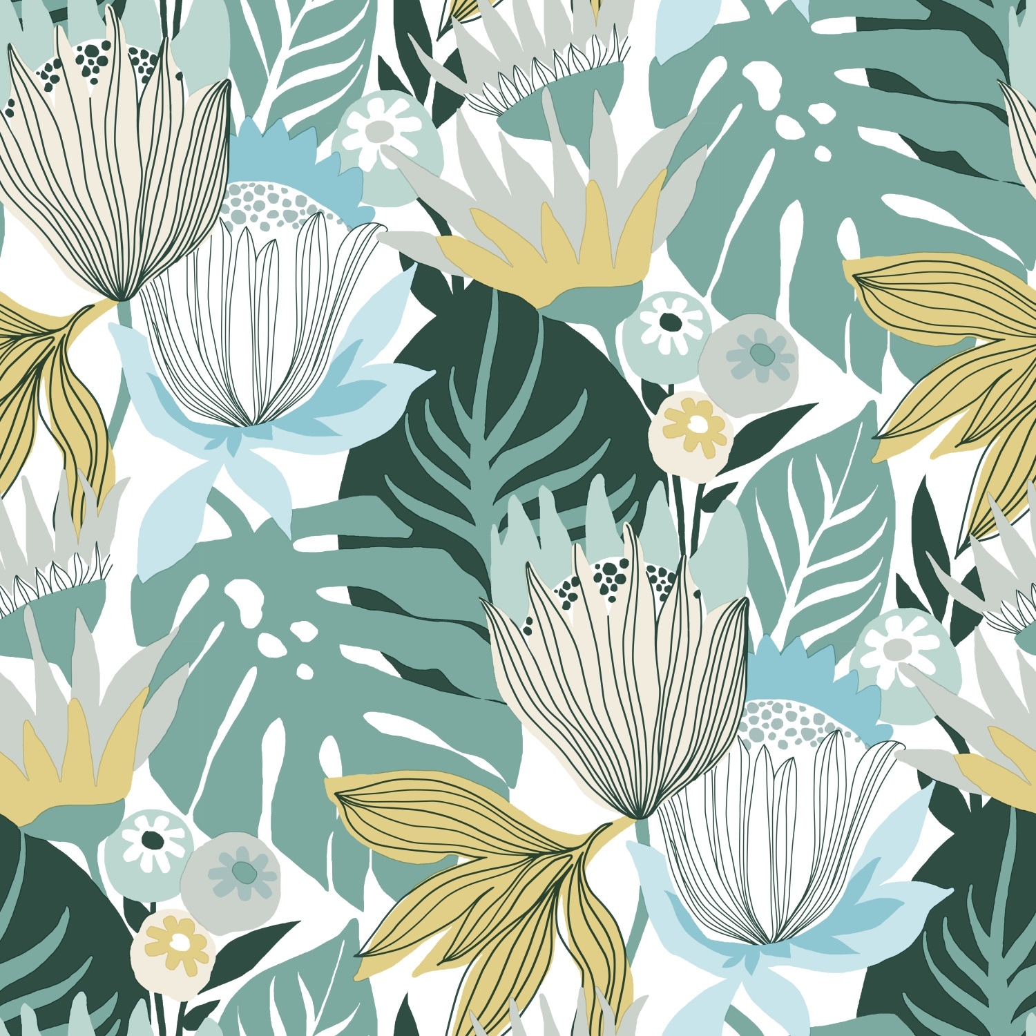 RoomMates Teal & Yellow Retro Tropical Leaves Peel and Stick Wallpaper