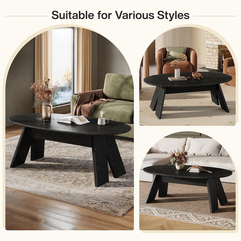 47 Inch Modern Black Oval Coffee Table for Living Room - 23.6" D x 47.2" W x 18.11" H