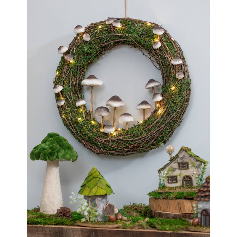 Rattan Mushroom Wreath With Lights