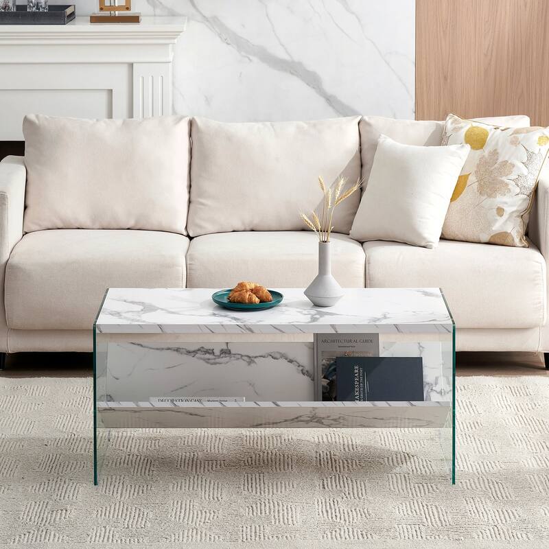 Ivinta Modern Glass Coffee Table，Small Cocktail Table with Storage Shelf - White