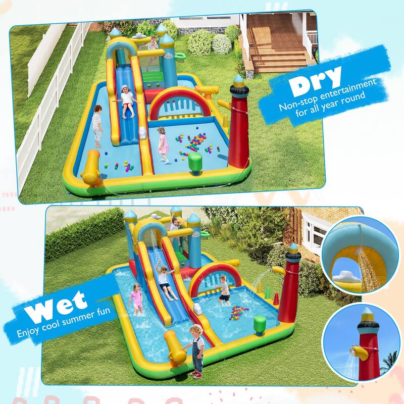 Gymax Inflatable Water Park w/Ocean Balls Climbing Wall Ball Pit Toss - Multicolor