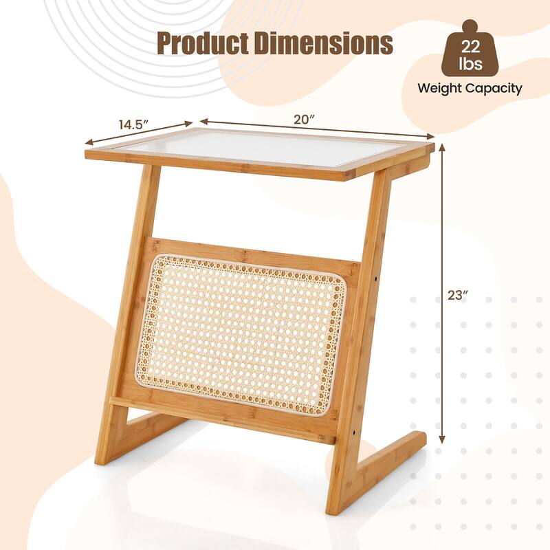 Gymax Z-shaped End Table Glass Top Bamboo Side Table w/ Magazine Rack