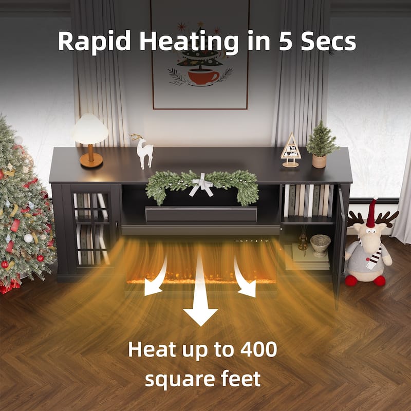 70" Fireplace TV Stand with 3-Sided Glass, ETL Certified, 12 Flame Colors, Realistic Ember Bed, Accommodates TVs up to 80"