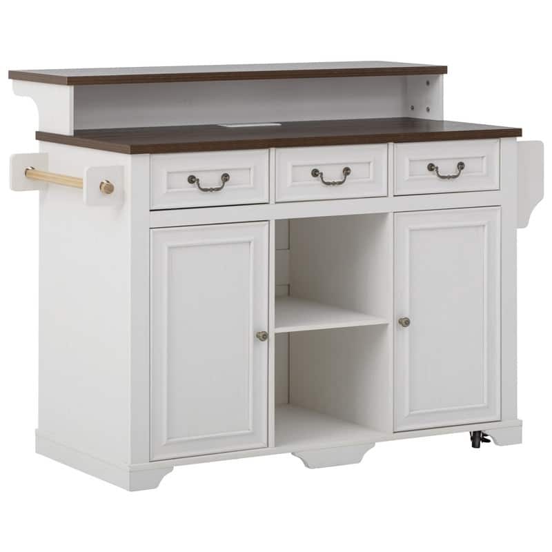 Farmhouse 53.2" Kitchen Island with Power Outlet, Rolling Island Table, Bar Cabinet with Storage 4 Door Shelves and 3 Drawers