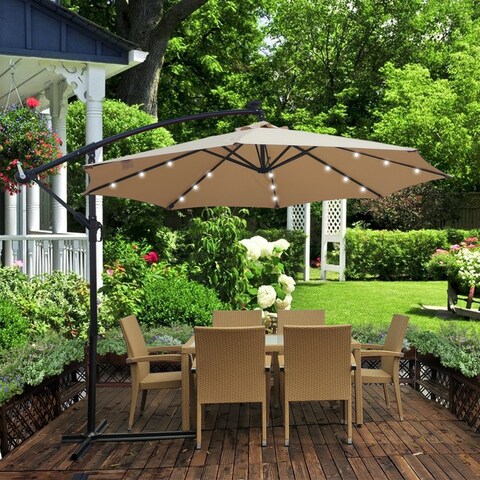 Tan 10 ft Outdoor Patio Umbrella Solar Powered LED Lighted