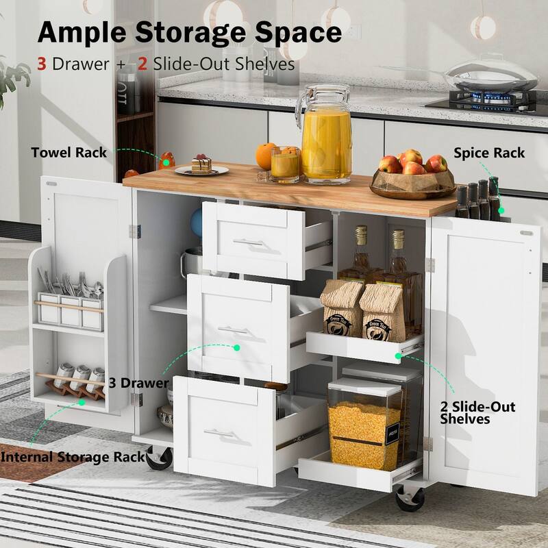 Rubberwood Kitchen Cart with Internal Storage Rack, Spice Rack, 2 Slide-Out Shelf, and 3 Drawer