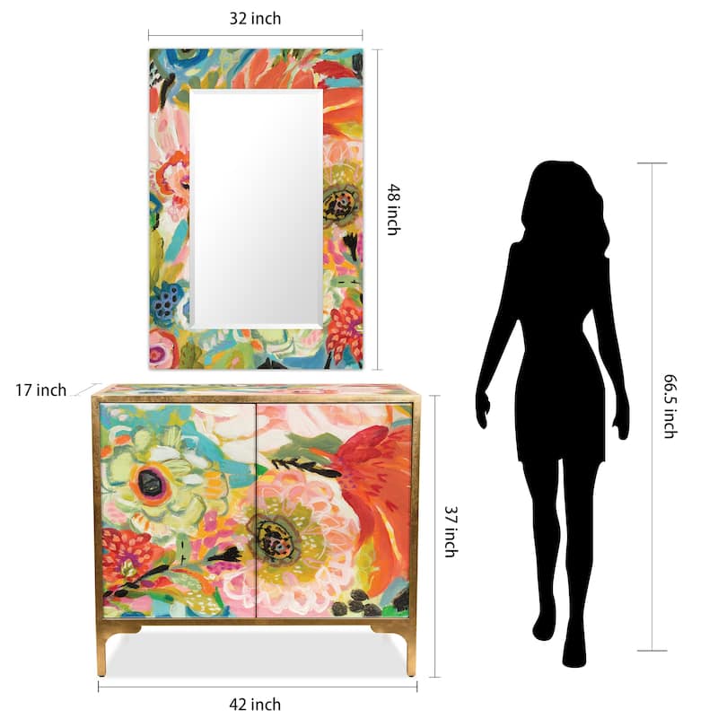 "Secret Garden Floral" Reverse Printed Beveled Art Glass Cabinet Console Table and Mirror Set