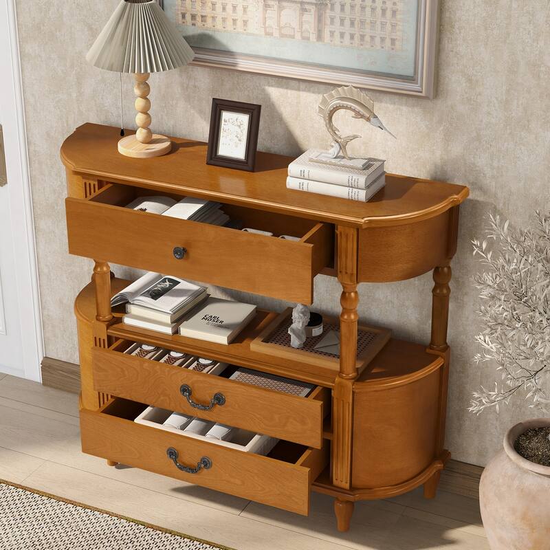 43"Retro Curved Wood Console Table with 3 Drawers and Storage Shelf