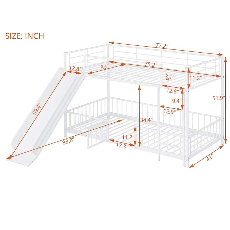 Metal Bunk Bed with Slide and Guardrails for Kids, Boys and Girls, Bedroom