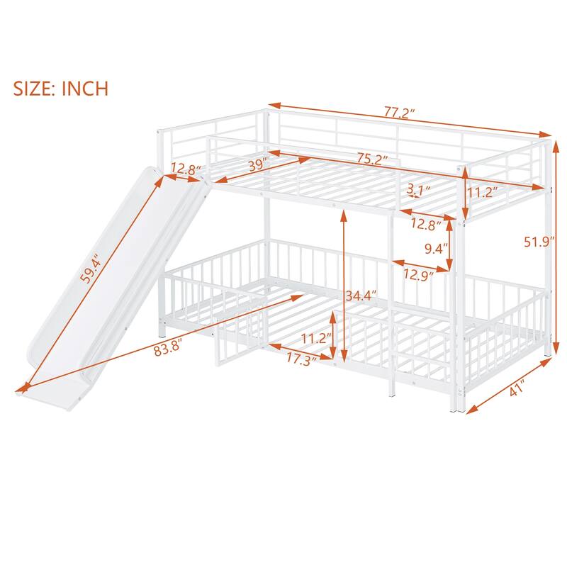 Metal Bunk Bed with Slide and Guardrails for Kids