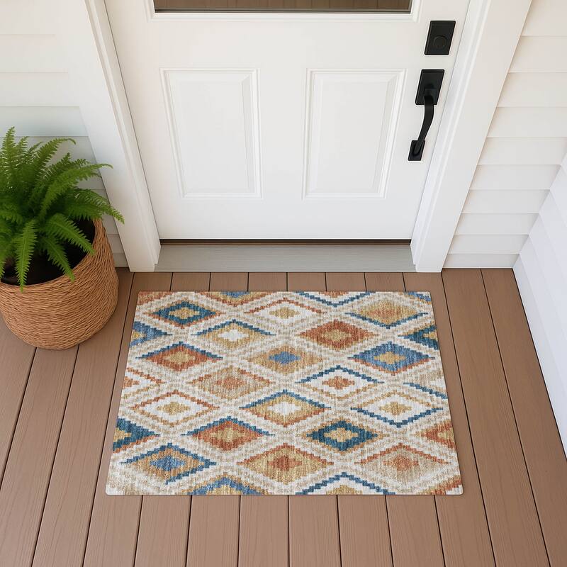 Machine Washable Indoor/ Outdoor Global Geo Chantille Rug - Beige - 1'8" x 2'6"