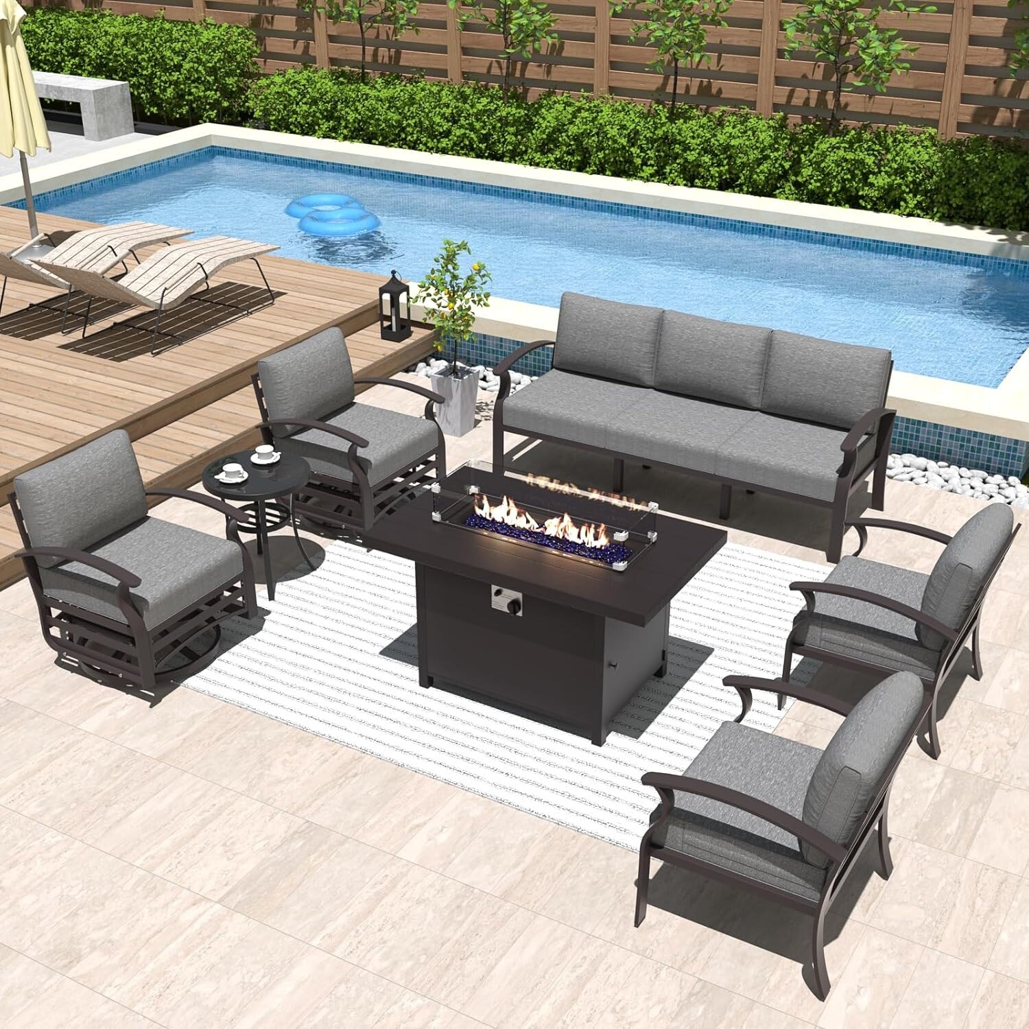 Aluminum patio furniture store with fire pit
