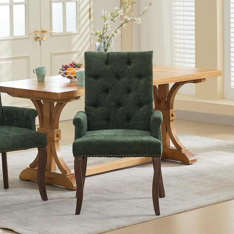 Upholstered Chenille Fabric Accent Dining Chair with Curved Solid Wood Legs - Olive Green