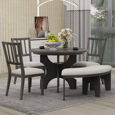 5-Piece 44" Round Dining Table Set with Curved Bench & 3 Padded Chairs