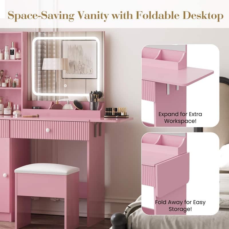 Makeup Vanity Desk with Mirror, Charging Station, Storage Drawers， Stool