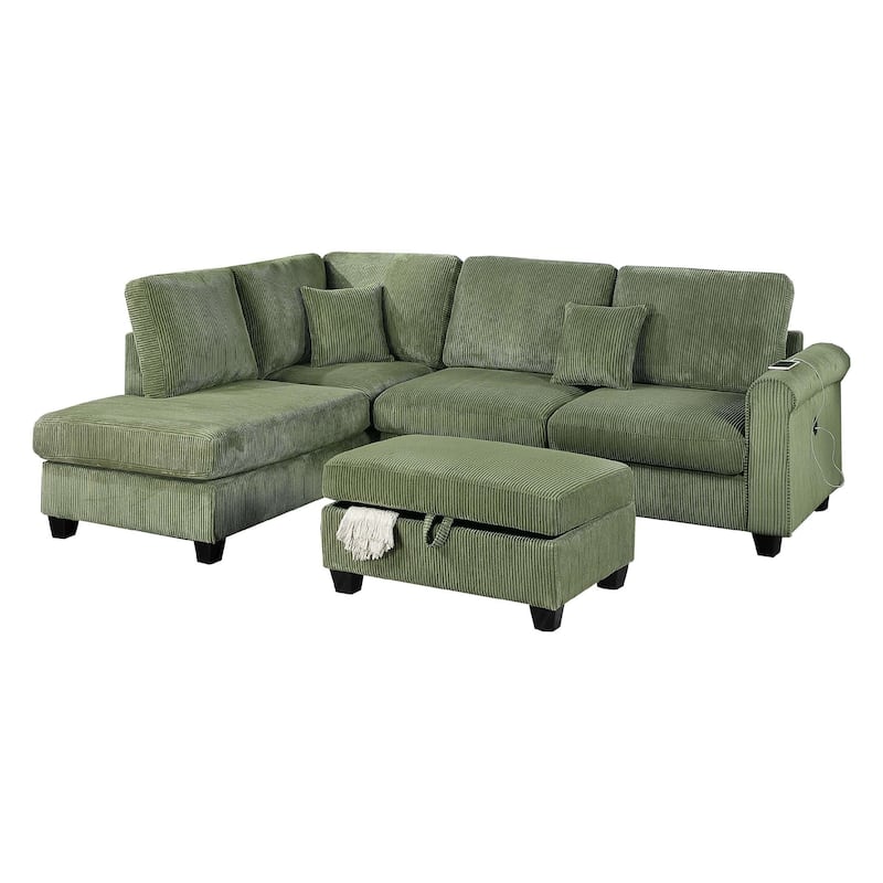 Roe 3pc Sectional Sofa Set w Chaise, Ottoman, 2 Pillows, Sage Green