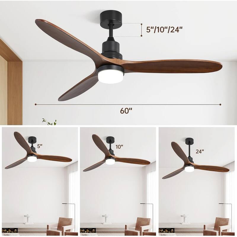 Indoor/Outdoor Wooden Ceiling Fan with Light & Remote Control, 60 Inch Noiseless Reversible Ceiling Fan Chandelier - Black+Walnut